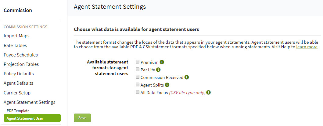 Screenshot showing the available formats for agent statements