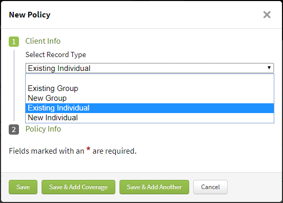 Screenshot showing how to add a new individual or group record while creating a new policy record