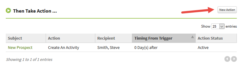 Screenshot showing the New Action button