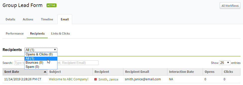Screenshot showing how to view the recipients of emails sent by a workflow