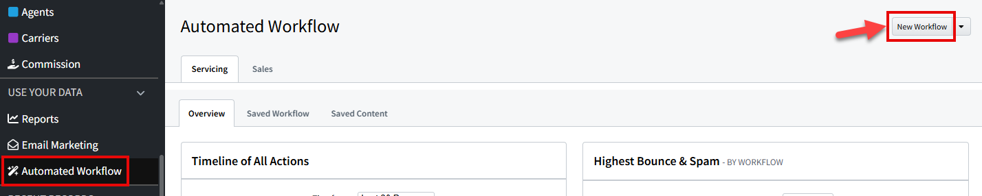 Screenshot showing how to create an Automated Workflow using the +New button in the AgencyBloc header or the Automated Workflow area