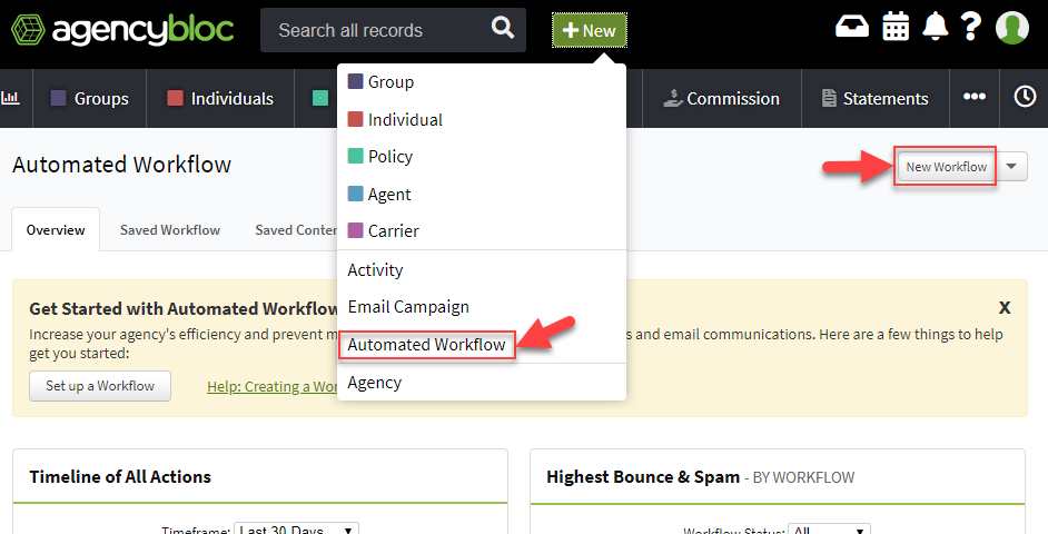 Screenshot showing how to create an Automated Workflow using the +New button in the AgencyBloc header or the Automated Workflow area