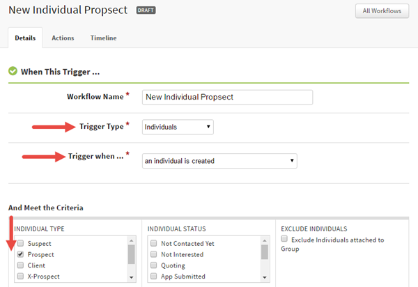 Screenshot highlighting a workflow's trigger details and criteria