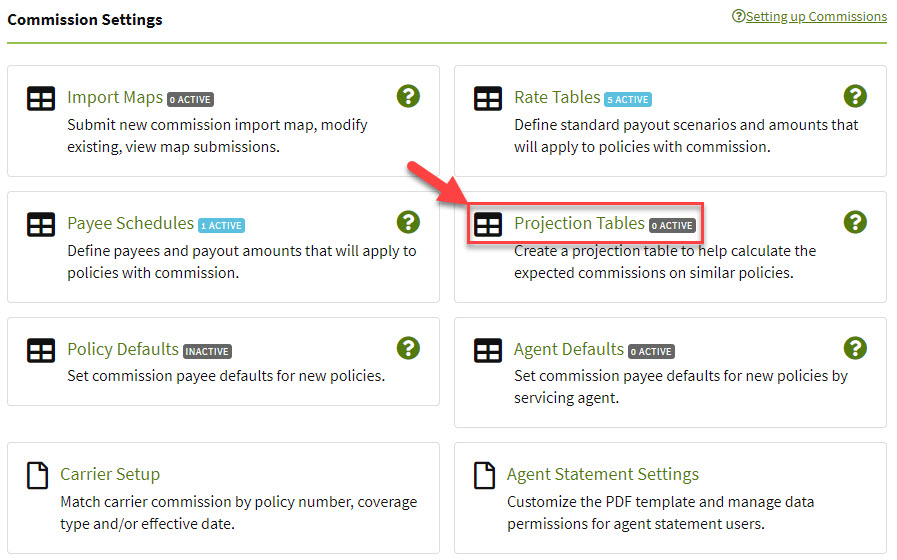 Screenshot showing how to access Project Tables from commission settings