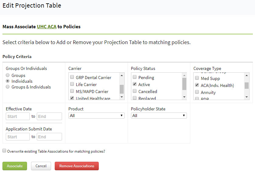 Screenshot showing how to edit a projection table