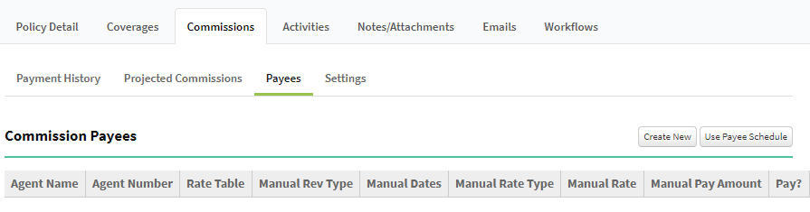 Screenshot showing the payees tab on a policy