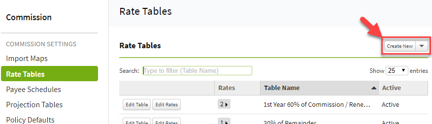 Screenshot showing button to create new rate table