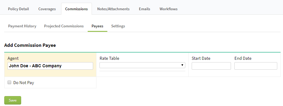 Screenshot showing how to add a commission payee
