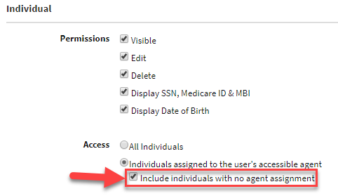 Screenshot showing a Security Group setting that allows you to give users the ability to access unassigned Individual records