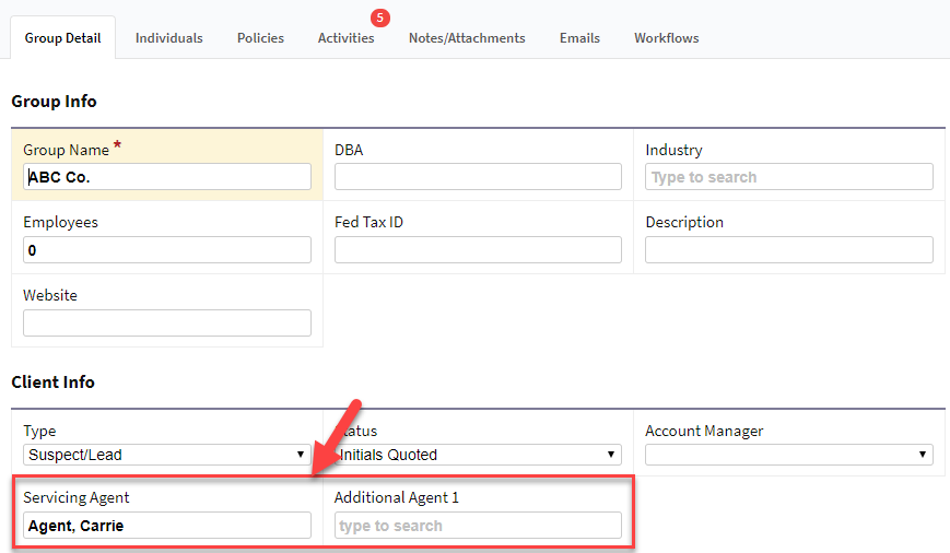 Screenshot showing the servicing agent on a Group record
