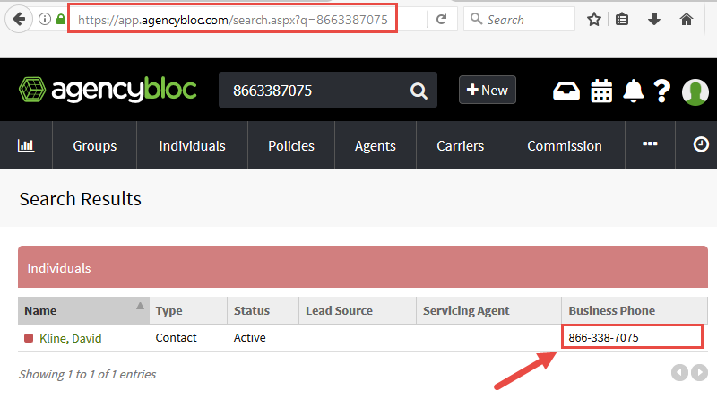 Screenshot showing the AgencyBloc URL for screen pop