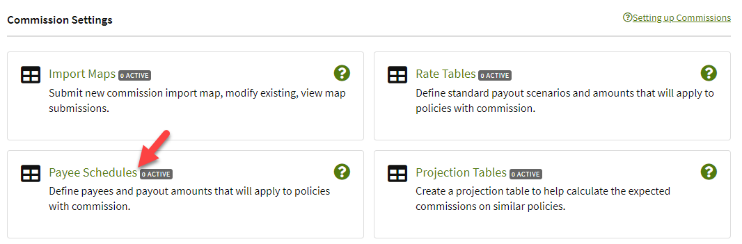 Screenshot showing how to access payee schedules in Commission Settings