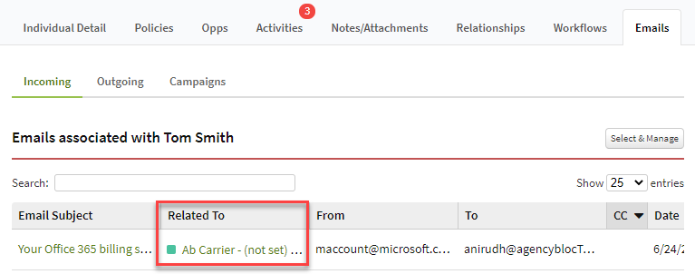 Screenshot showing an email's related Policy record