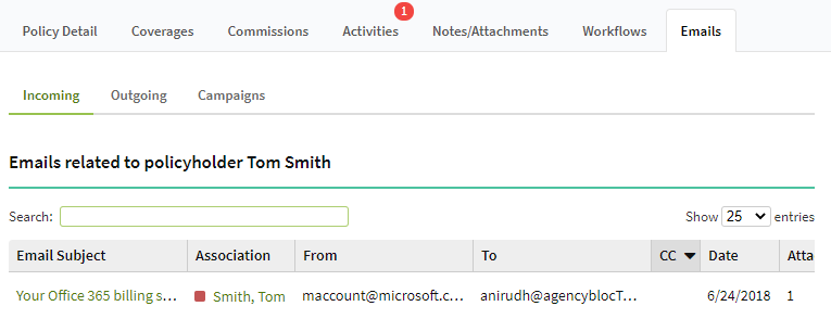 Screenshot showing the Incoming emails tab on a Policy record