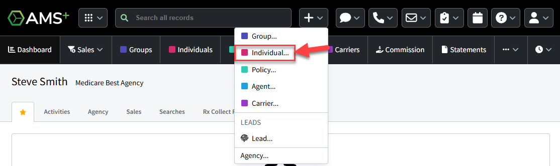 Screenshot showing the options to create a new individual record using the +New button in the AgencyBloc header or the Individuals section