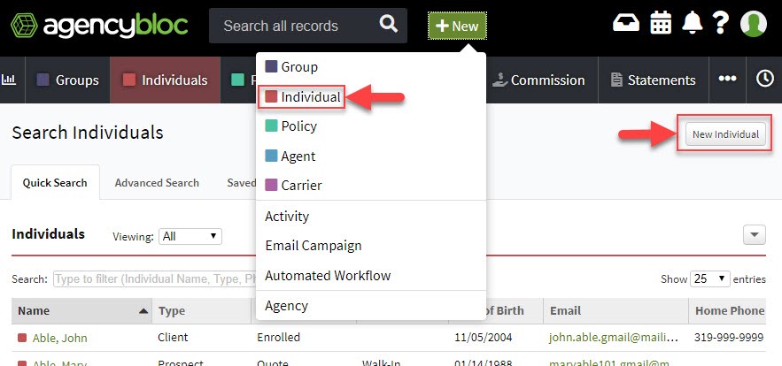 Screenshot showing the options to create a new individual record using the +New button in the AgencyBloc header or the Individuals section