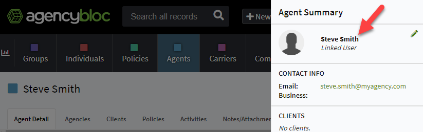 Screenshot showing the linked user on an Agent record