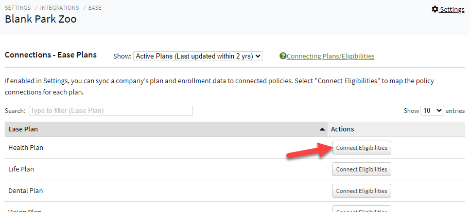 Screenshot showing how to access Ease eligibilities