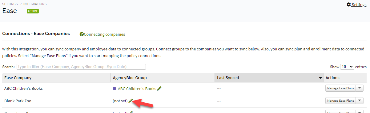 Screenshot showing how to edit an Ease company and an AgencyBloc group connection