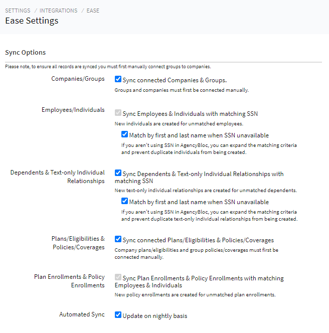 Screenshot showing the Ease integration settings
