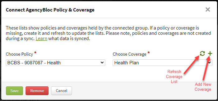 Screenshot showing showing how to connect an Ease eligibility with an AgencyBloc policy and coverage