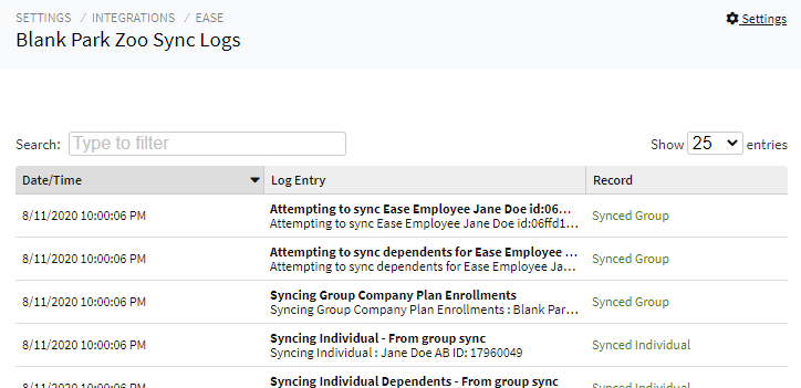 Screenshot showing the sync logs