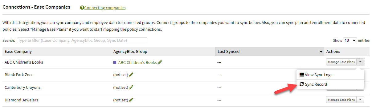 Screenshot showing how to manually sync an Ease company to an AgencyBloc group