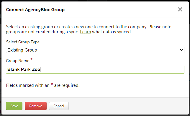 Screenshot showing how to connect an AgencyBloc group to an Ease company