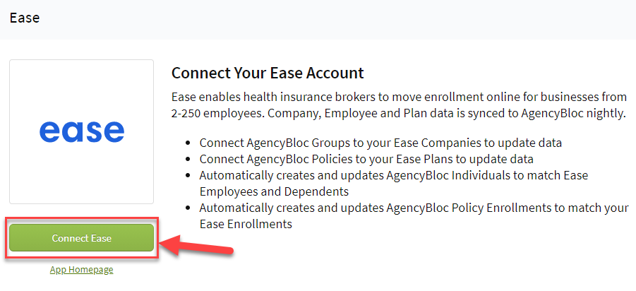 Screenshot showing how to connect Ease to AgencyBloc