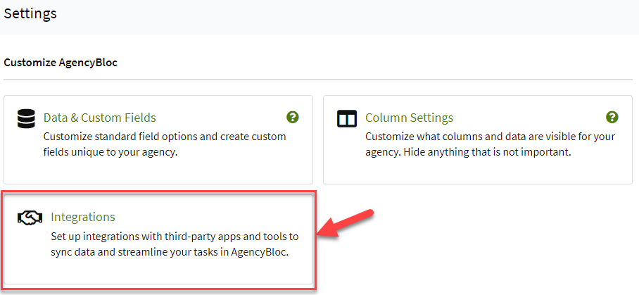 Screenshot showing how to access Integrations settings