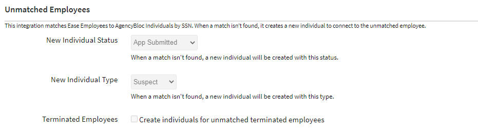 Screenshot showing the Ease integration settings for unmatched Ease Employees