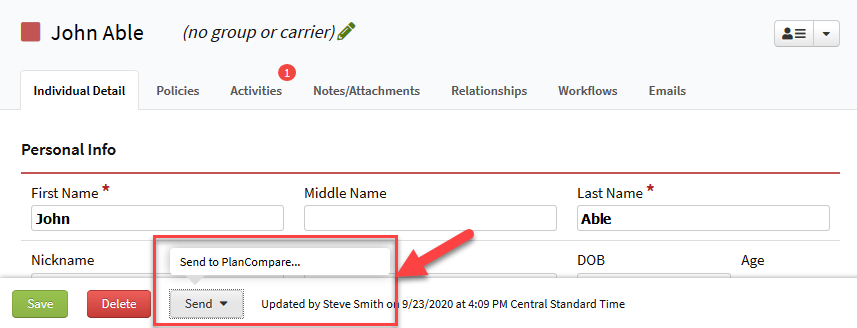 Screenshot showing the PlanCompare integration being used on an Individual record