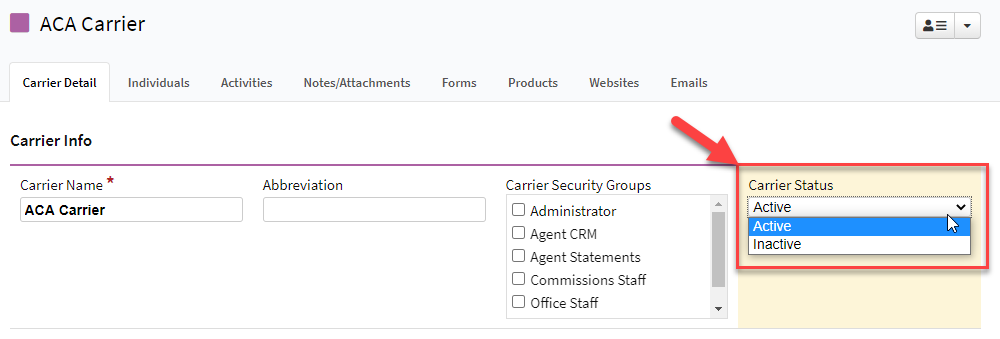 Screenshot showing the carrier status field on a carrier
