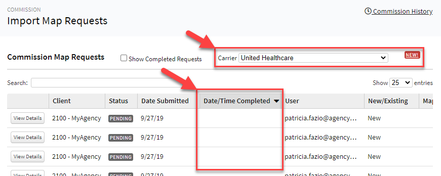 Screenshot of the Commission Map Request area