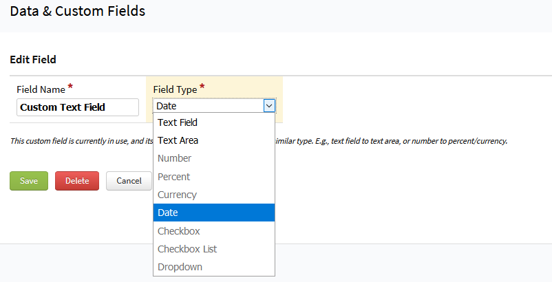 Screenshot showing a custom field's type