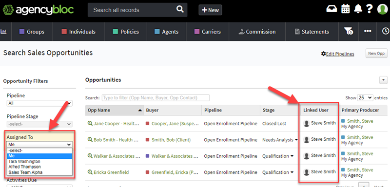 Screenshot showing the connection between the Assigned To filter and Linked Users on the Sales Opportunities List