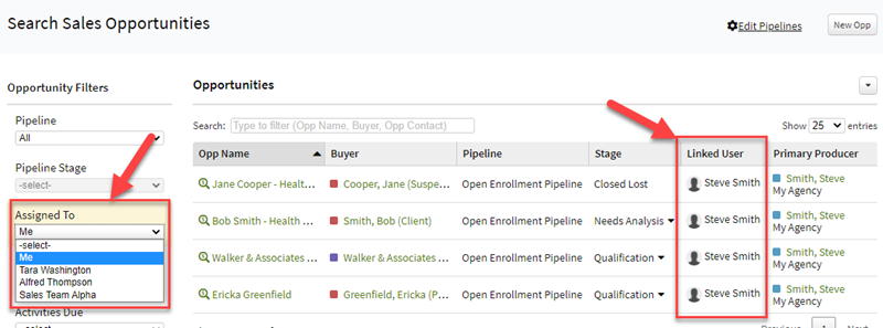 Screenshot showing the connection between the Assigned To filter and Linked Users on the Sales Opportunities List