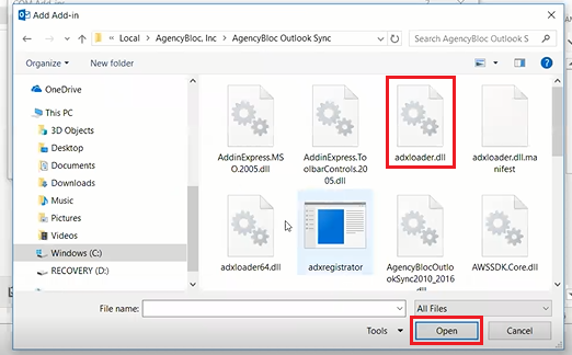 Screenshot showing the adxloader to select and open