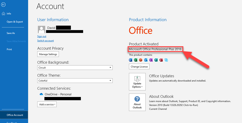 Screenshot showing how to find your Outlook version