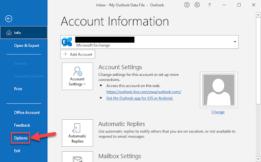 Screenshot showing the Options menu in a desktop version of Outlook