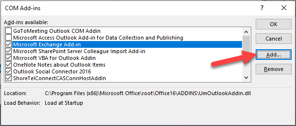 Screenshot showing the Outlook Add-Ins window