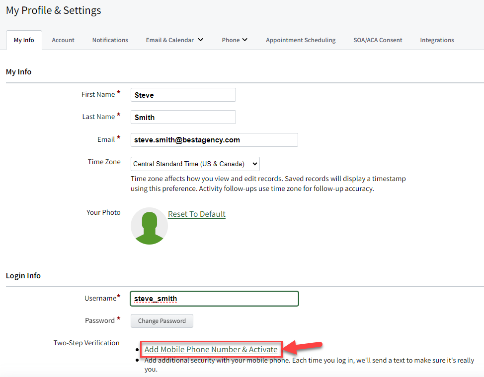 Screenshot highlighting the link to activate two-step verification your login info