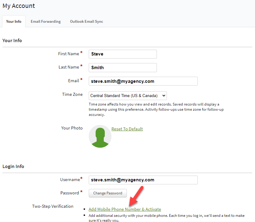 Screenshot highlighting the link to activate two-step verification your login info