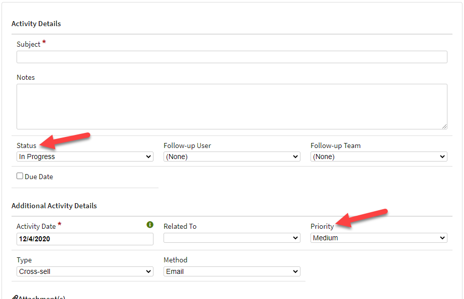 Screenshot highlighting the priority and status fields