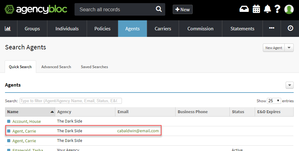 Screenshot showing the agent record you want to keep