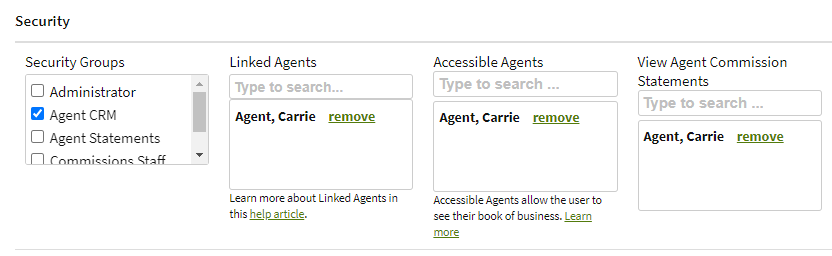 Screenshot showing settings for linked agnets and accessible agents in a user's account