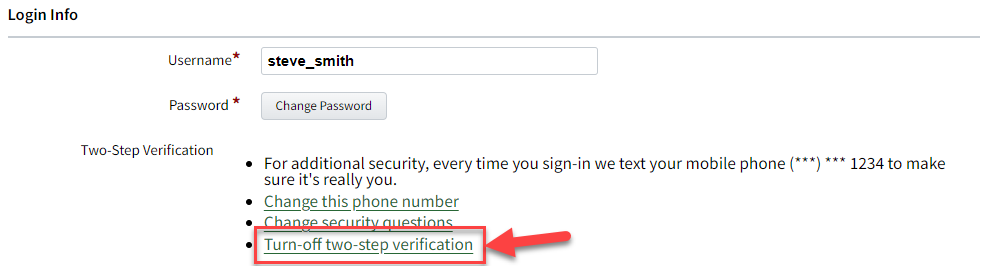 Screenshot showing a link to turn off two-step verification in your login info