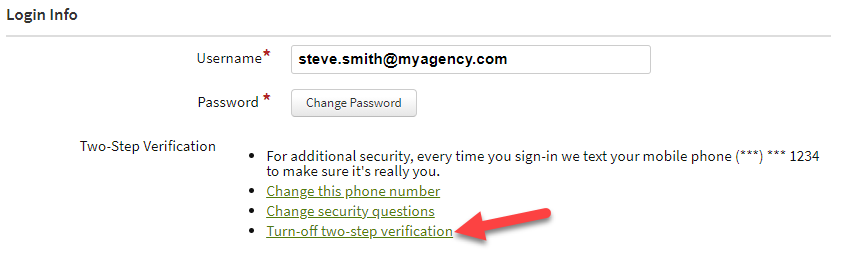 Screenshot showing a link to turn off two-step verification in your login info