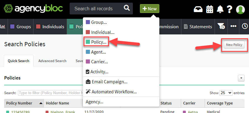 Screenshot showing the options to create a new policy record using the +New button in the AgencyBloc header or the Policies section
