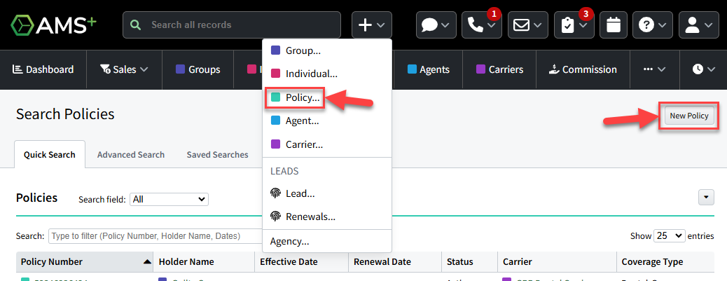 Screenshot showing the options to create a new policy record using the +New button in the AgencyBloc header or the Policies section
